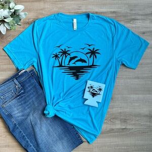 Bella Canvas | aqua tri-blend tee & can cooler beach w/ dolphins sunset design